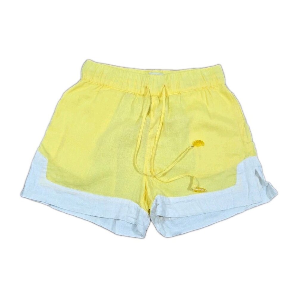 Haute Hippie Yellow Linen Shorts Draw String Lemon Charms Size Small White Trim